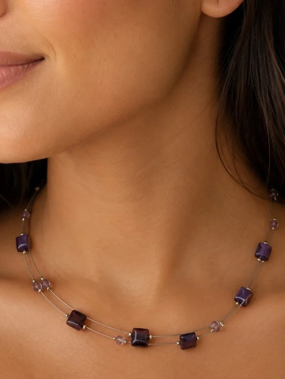 Express Vintage 90s Floating Square Purple Beaded Crystal Illusion Necklace